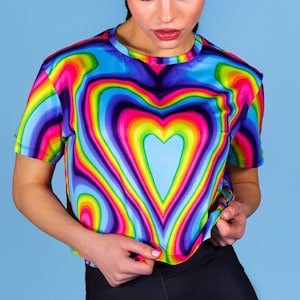 Rainbow Cropped Tee, rave crop top t shirt, rainbow graphic tee, polyester tshirt for women, rave outfit, festival clothing, pride wear