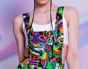 Alien Women Overalls, Overalls with Front Pocket, festival dungarees, green plus size overalls, harajuku clothing, jumpsuit, drippy outfits