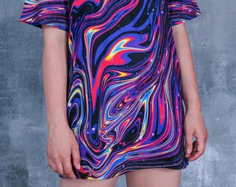 T-shirt graphique surdimensionné liquide, t-shirt imprimé, t-shirt rave, robe t-shirt galaxie, t-shirt pour femme en polyester, t-shirts grande taille, tenue rave