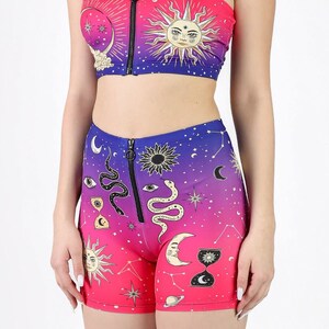 Sun & Moon Biker Shorts, twilight spandex biker shorts, rave co-ord set, celestial rave outfit, biker shorts set, festival clothing