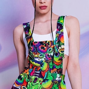 Alien Women Overalls, Overalls with Front Pocket, festival dungarees, green plus size overalls, harajuku clothing, jumpsuit, drippy outfits