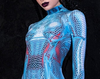 Disfraz de robot azul, disfraz de Halloween para mujer, disfraz de cosplay, body cyborg, ropa futurista, disfraces de Halloween para adultos