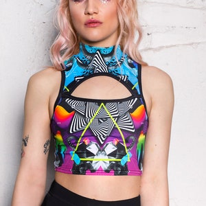 Festival Cut Out Crop Top, cold shoulder crop top, fractal crop top for women, festival clothing, rave outfit, keyhole summer top, rave wear
