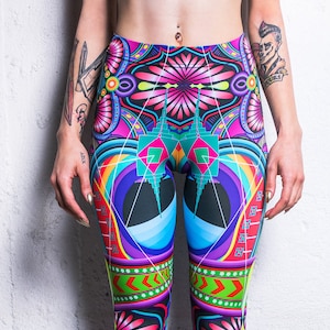 Psychedelic Leggings, spandex leggings, festival leggings, festival clothing, rave outfit, Burning Man, high waisted leggings for women