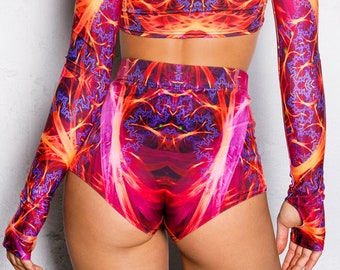 Pink Fractal Shorts, raveshorts, bootyshorts, festivalshorts, ravesets, ravewear, sexy shorts met hoge taille, festivalkleding dames