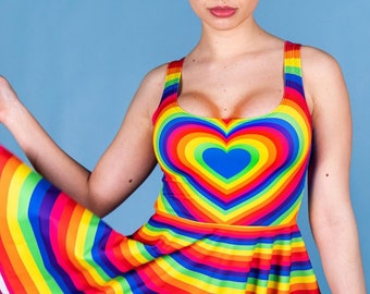 Pride Skater Dress, rainbow dress with heart, circle dress, pride clothing, open back dress, pride outfit, rave skater dress, rave outfit