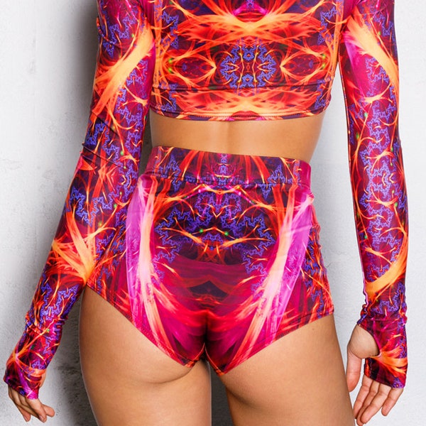 Pink Fractal Shorts, rave shorts, booty shorts, festival shorts, rave sets, rave wear, high waisted sexy shorts, festival clothing women