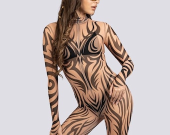 Nude Tribal Mesh Costume - Desert Rave Outfit for Women