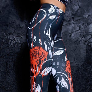 Floral Leggings with Roses, Black Gothic leggings, printed leggings for women, goth clothing, plus size leggings, lolita clothing