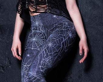 Spider Web Leggings, black gothic leggings, goth leggings for women, witch clothing, goth clothing, high rise leggings, plus size leggings