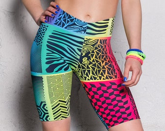 Biker Shorts for Women, rainbow shorts, yoga shorts, gym shorts, plus size shorts, rave set, festival clothing, rave gear, womens shorts