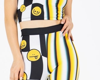 Emoji Disco Pants, printed smiley face pants, high-waisted rave pants, checkered flare bell bottom pants, rave wide leg pants, rave outfit