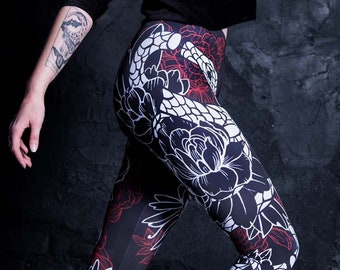 Snake Leggings, floral leggings, gothic leggings, witchy clothing, goth clothing, high waisted leggings, plus size leggings for women