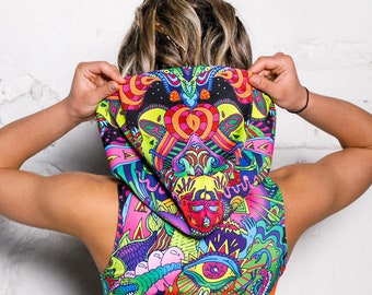 Grüner Hoodie Crop Top, Psychedelische Kleidung, Crop Tops für Frauen, Rave Kapuzenoberteile, Festival Kleidung Frauen, Rave Wear, Rave Matching Set