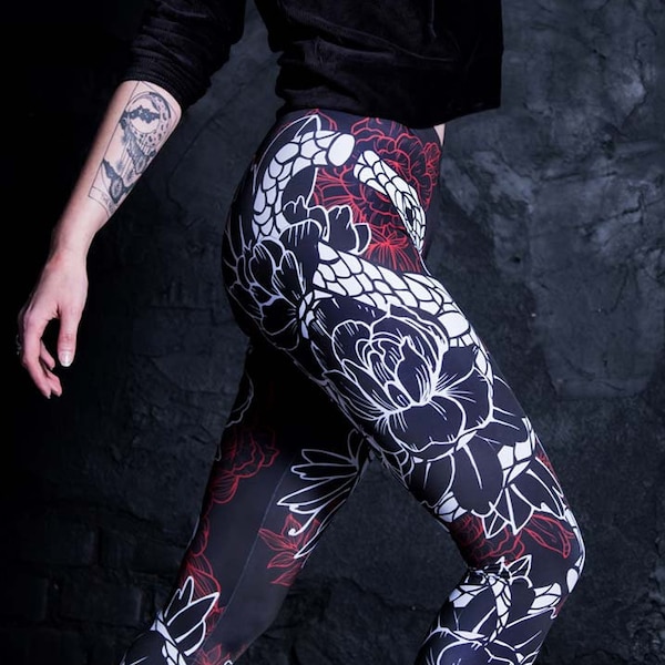 Leggings serpent, leggings floraux, leggings gothiques, vêtements de sorcière, vêtements gothiques, leggings taille haute, leggings grande taille pour femme