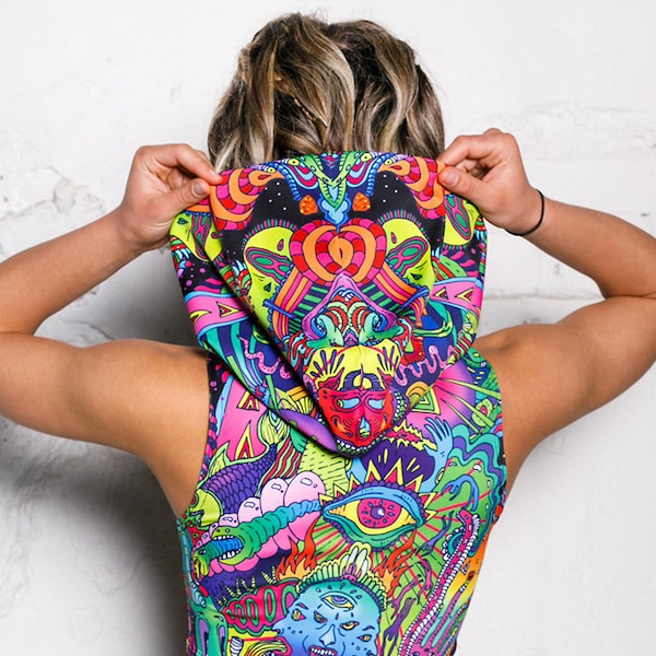 Grüner Hoodie Crop Top, Psychedelische Kleidung, Crop Tops für Frauen, Rave Kapuzenoberteile, Festival Kleidung Frauen, Rave Wear, Rave Matching Set