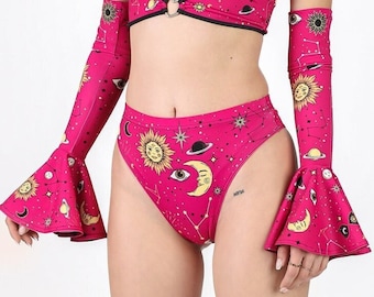 Pantalones cortos Celestiales, pantalones cortos rosas ajustados, conjunto de pantalones cortos rave para mujer, pantalones cortos de licra de tiro alto, conjunto de dos piezas para festival, atuendo rave, ropa rave