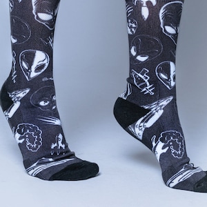 Black Alien Socks, Cool Novelty Socks, Men Crew Length Socks, Graphic Printed Socks, Funky Socks, Space Socks, UFO Socks, Skater Socks