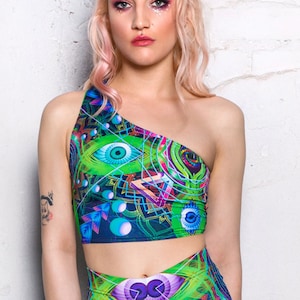 Festival One Shoulder Crop Top, rave cropped top, green women top, festival clothing, rave matching set, rave outfit, psychedelic clothing