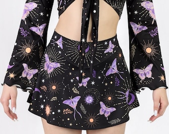 Gonna-pantalone gotica, completo gonna rave nera, pantaloni rave in spandex, minigonna gotica con stampa di farfalle e falene, abbigliamento celestiale, abbigliamento da festival