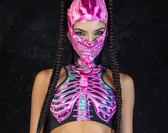 Pink Skeleton Crop Tops for Women, Halloween Crop Top, Rave Cropped Top, Midriff Top, Halloween Rave Outfit, Matching Co-ord Set