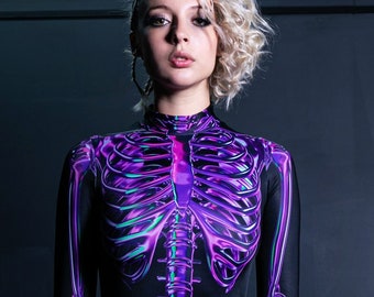Lila Skelett-Kostüm, Glow in the Dark Kostüm, Halloween-Kostüm Damen, Halloween-Kostüm für Erwachsene, Skelett Bodysuit, Plus Size Kostüme