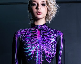 Lila Skelett-Kostüm, Glow in the Dark Kostüm, Halloween-Kostüm Damen, Halloween-Kostüm für Erwachsene, Skelett Bodysuit, Plus Size Kostüme