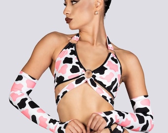 Pink Cow Print Halter Bra Top - Rave Halloween Costume