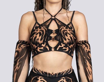 Black and Beige O-Ring Cut Out Top - Tribal Rave Wear