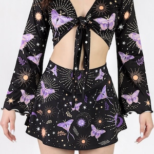 Gothic Skort, schwarzer Rave-Rock-Set, Spandex-Rave-Bottom, Gothic-Minirock mit aufgedrucktem Schmetterling und Motten, himmlische Kleidung, Festivalkleidung