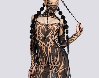 Black Tribal Lace Up Maxi Mesh Dress - Burning Man Clothing