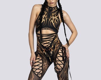 Black Gold Ribbon Cut Out Jumpsuit - Desert Rave Outfit for Women