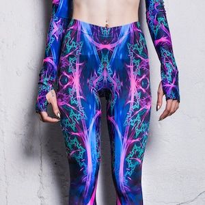 Festival Leggings, blue printed leggings for women, festival outfits, Burning man, futuristic clothing, sci fi clothing, rave two piece set