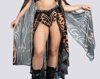 Dune Open Front Sheer Maxi Skirt - Long Rave Skirt in Black and Beige