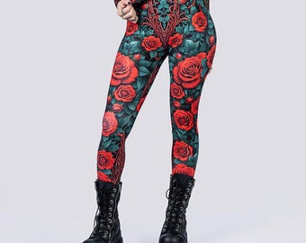 Bloodrose Leggings - Gothic Fashion in Green & Red