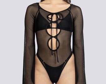 Black Mesh Keyhole Bodysuit - Black Rave Outfit for Women