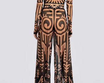 Tribal High Slit Pants - Desert Festival Bottoms in Beige & Black