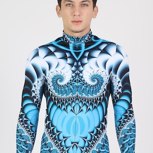 Costume da rave per uomo, costume blu, tuta da rave per uomo, costume da uomo con luce UV, completo blu da rave, costume da spettacolo, abbigliamento da rave