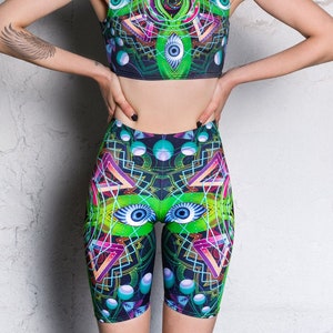 Shorts de motociclista de cintura alta, shorts para rave, roupas para pole dance, shorts verdes para festivais, roupas para festivais, conjunto de duas peças para rave, traje para rave