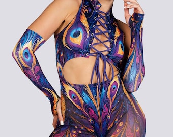 Purple Peacock Lace Cut Out Catsuit - Women Costume for Rave & Halloween
