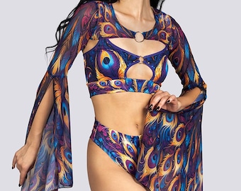 Peacock Two Piece Top -  Purple Rave Top for Women