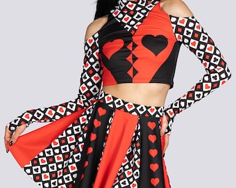 Queen of Cards Flared Mini Skirt - Black & Red Two Piece Set for Halloween