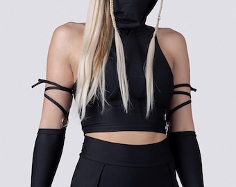 Black Hooded Crop Top – Festival Set of 2 - Rave Outfit for Women