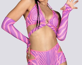 Mad Cat Cut Out Booty Shorts in Pink & Purple - Two Piece Festival Set