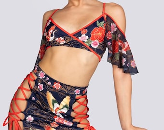 Geisha High Slit Maxi Skirt Set  - Cranes & Flowers V-Neck Bra Top