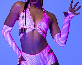 Trippy Rave Outfit - Mad Cat Halter Bra Top in Pink