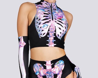 Halloween Rave Outfit - Pink Skeleton Half Zip Crop Top
