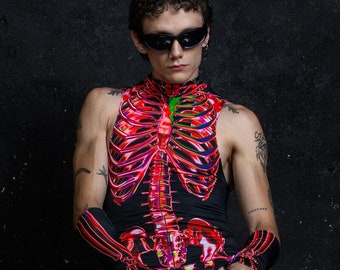 Disfraz de esqueleto para Halloween, disfraz de esqueleto rudo, mono de esqueleto de cuerpo entero, disfraz de fiesta de Halloween para hombre, disfraz de stripper para Halloween.