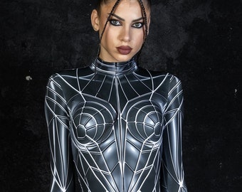 Costume di Halloween Sci Fi, Costume di Halloween per tutto il corpo, Costume di Halloween per donna, Costume nero futuristico, Costume metallico stampato