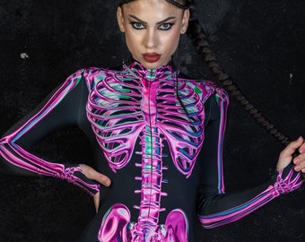 Rosa Skelett-Halloween-Kostüm, Gedruckt Skelett Kostüm, Ein Stück Skelett Kostüm, Halloween-Kostüm für Erwachsene, Glow in the Dark Kostüm